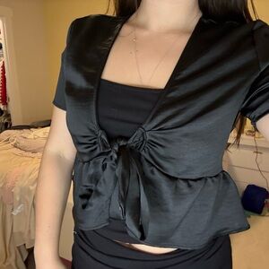 Kendall & Kylie Black Satin Tie-Front Blouse